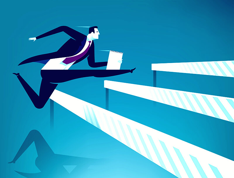 Graphic of man in a suit jumping over hurdles