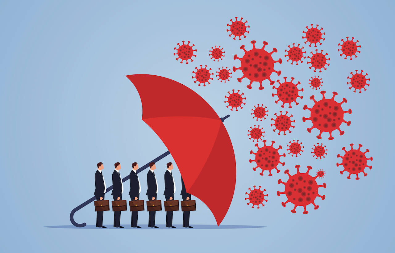 Graphic of men in business suits and briefcases standing under a red umbrella with covid-19 virus particles above umbrella